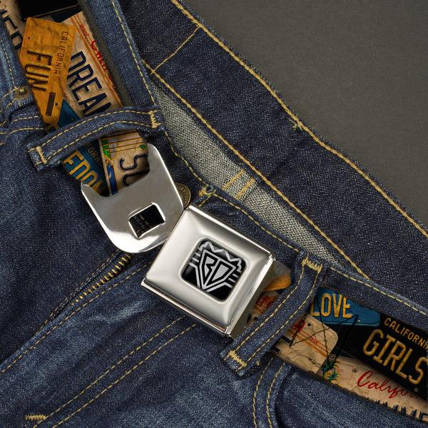 Buckle-Down BD Wings Logo CLOSE-UP Full Color Black Silver Seatbelt Belt - Cali License Plates Stacked Vintage Webbing