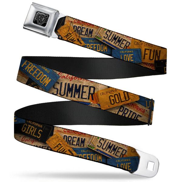 Buckle-Down BD Wings Logo CLOSE-UP Full Color Black Silver Seatbelt Belt - Cali License Plates Stacked Vintage Webbing
