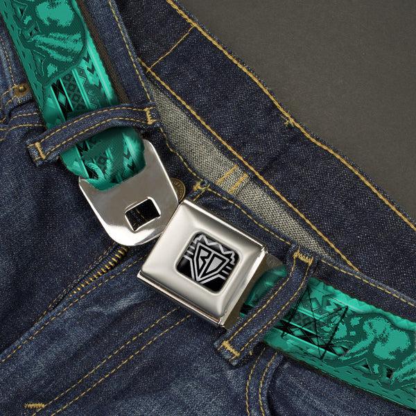 Buckle-Down BD Wings Logo CLOSE-UP Full Color Black Silver Seatbelt Belt - Cali Bear/Palm Trees/Geometric Green Webbing