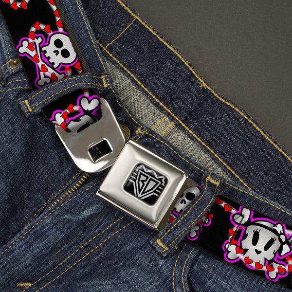 Buckle-Down BD Wings Logo CLOSE-UP Full Color Black Silver Seatbelt Belt - Cute Skulls W/Hearts Webbing