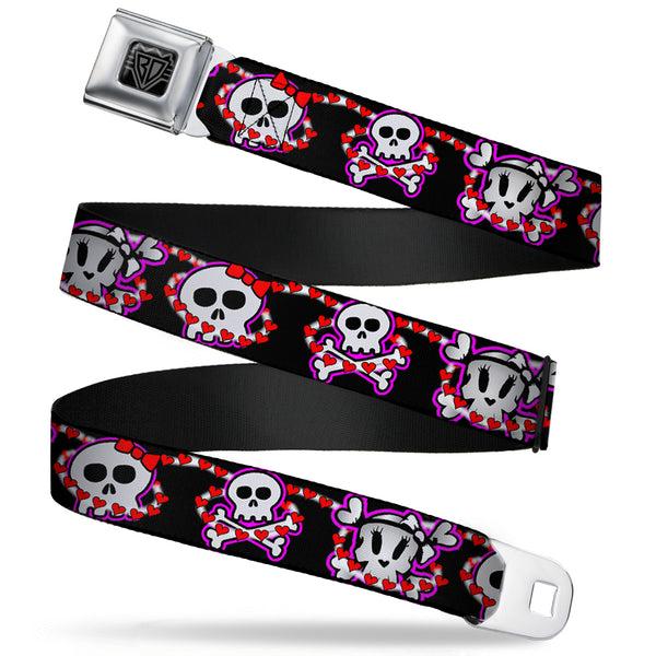 Buckle-Down BD Wings Logo CLOSE-UP Full Color Black Silver Seatbelt Belt - Cute Skulls w/Hearts Webbing