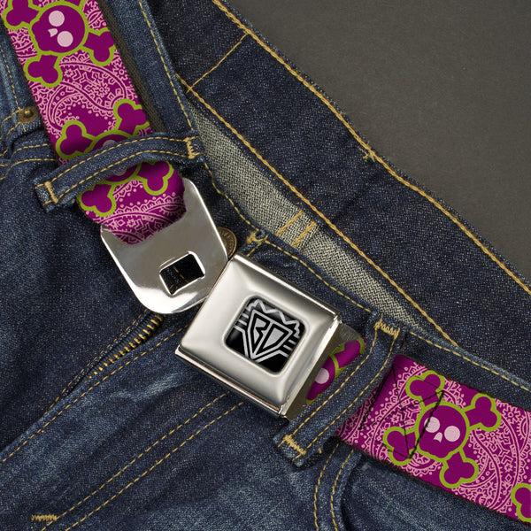 Buckle-Down BD Wings Logo CLOSE-UP Full Color Black Silver Seatbelt Belt - Cute Skulls W/Paisley Purple/Pink/Green Webbing