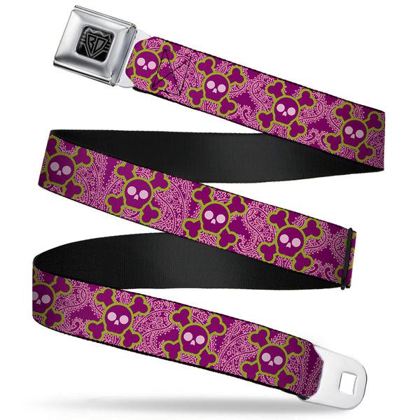 Buckle-Down BD Wings Logo CLOSE-UP Full Color Black Silver Seatbelt Belt - Cute Skulls w/Paisley Purple/Pink/Green Webbing