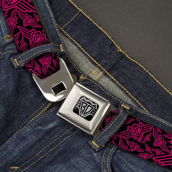 Buckle-Down BD Wings Logo CLOSE-UP Full Color Black Silver Seatbelt Belt - BD Logo Scattered Black/Fuchsia Webbing
