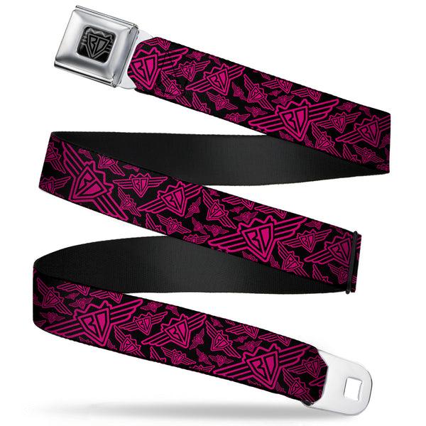 Buckle-Down BD Wings Logo CLOSE-UP Full Color Black Silver Seatbelt Belt - BD Logo Scattered Black/Fuchsia Webbing