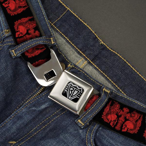 Buckle-Down BD Wings Logo CLOSE-UP Full Color Black Silver Seatbelt Belt - BD Skulls W/Wings Black/Red Webbing