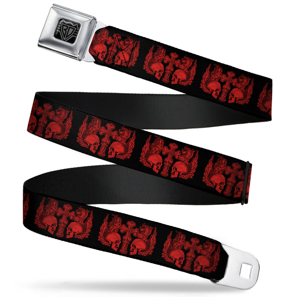 Buckle-Down BD Wings Logo CLOSE-UP Full Color Black Silver Seatbelt Belt - BD Skulls w/Wings Black/Red Webbing