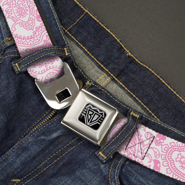 Buckle-Down BD Wings Logo CLOSE-UP Full Color Black Silver Seatbelt Belt - Bandana/Skulls White/Pink Webbing
