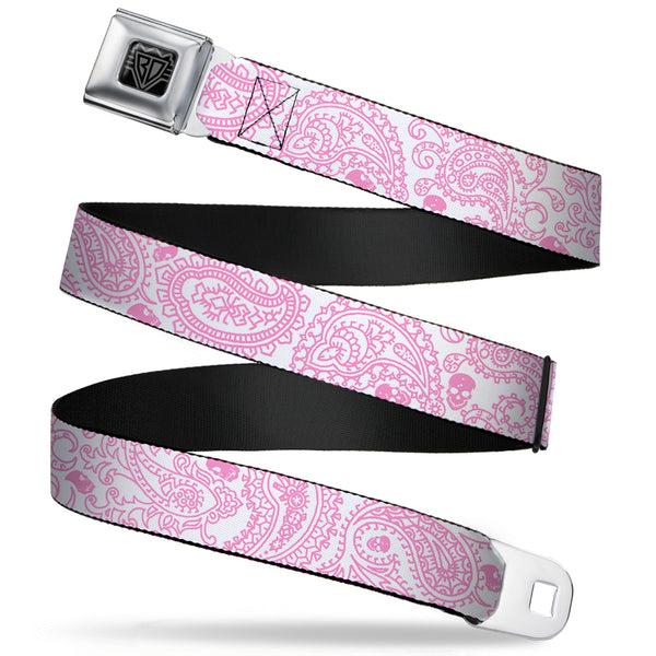 Buckle-Down BD Wings Logo CLOSE-UP Full Color Black Silver Seatbelt Belt - Bandana/Skulls White/Pink Webbing