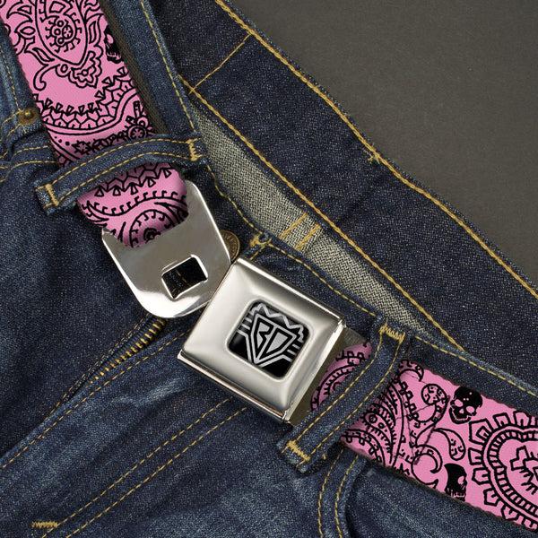 Buckle-Down BD Wings Logo CLOSE-UP Full Color Black Silver Seatbelt Belt - Bandana/Skulls Pink/Black Webbing