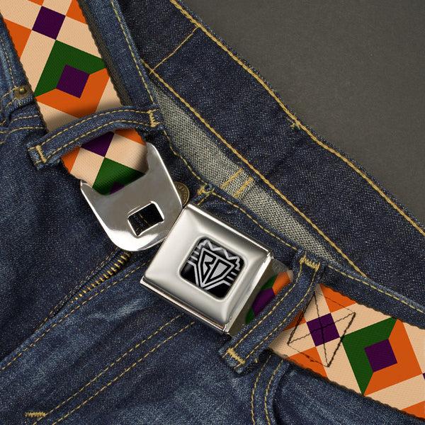 Buckle-Down BD Wings Logo CLOSE-UP Full Color Black Silver Seatbelt Belt - Aztec16 Oranges/Green/Purple Webbing