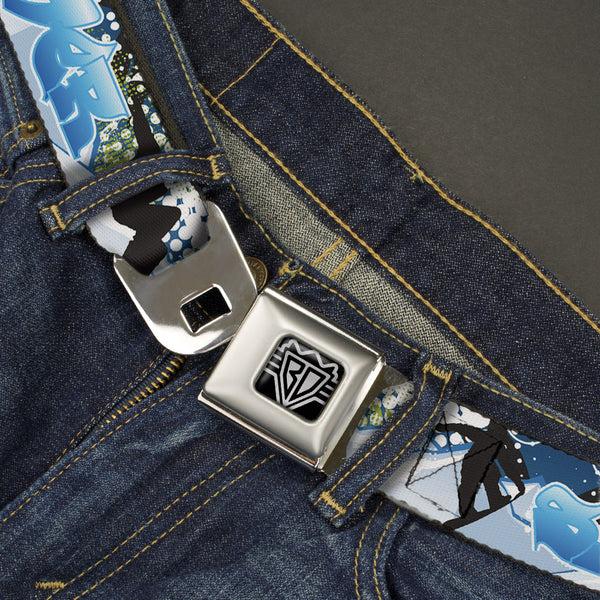 Buckle-Down BD Wings Logo CLOSE-UP Full Color Black Silver Seatbelt Belt - Action Snowboard Pose Silhouettes/Tag/Mountains Blues/White/Black Webbing