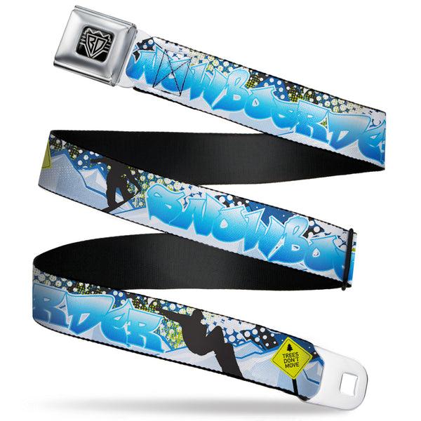 Buckle-Down BD Wings Logo CLOSE-UP Full Color Black Silver Seatbelt Belt - Action Snowboard Pose Silhouettes/Tag/Mountains Blues/White/Black Webbing