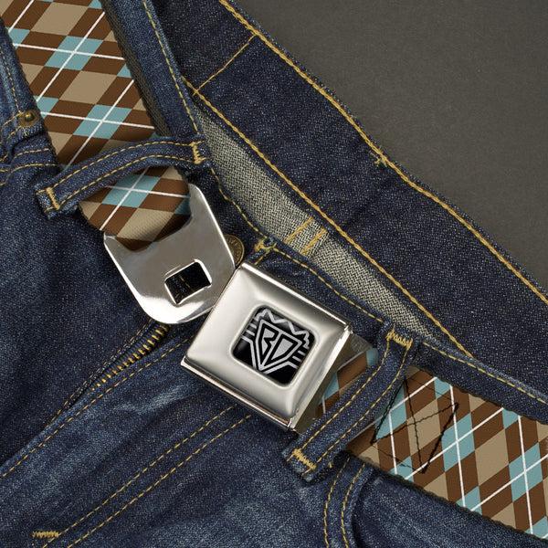 Buckle-Down BD Wings Logo CLOSE-UP Full Color Black Silver Seatbelt Belt - Argyle Tan/Brown/Blue/White Webbing