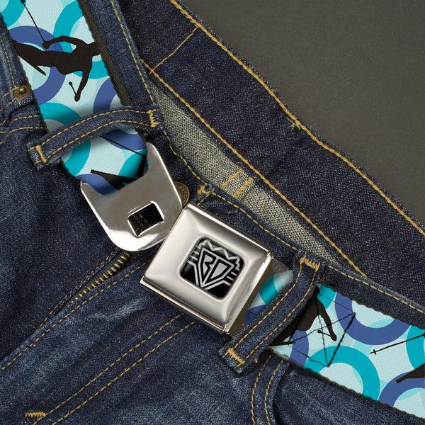 Buckle-Down BD Wings Logo CLOSE-UP Full Color Black Silver Seatbelt Belt - Action Ski Pose Silhouettes/Rings Blues/Black Webbing