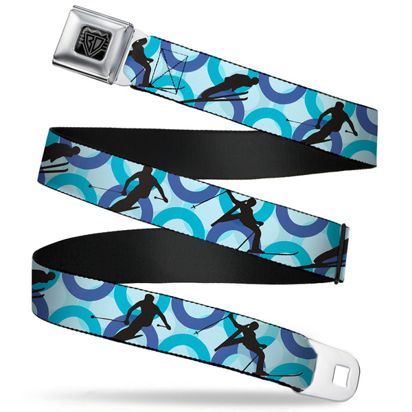 Buckle-Down BD Wings Logo CLOSE-UP Full Color Black Silver Seatbelt Belt - Action Ski Pose Silhouettes/Rings Blues/Black Webbing