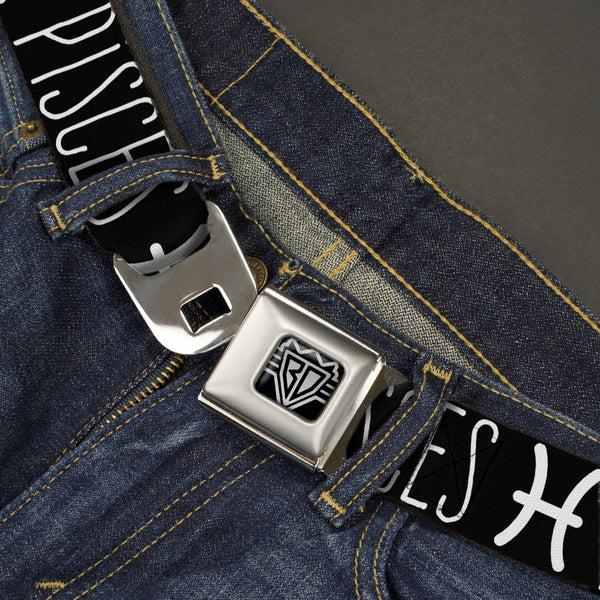 Buckle-Down BD Wings Logo CLOSE-UP Full Color Black Silver Seatbelt Belt - Zodiac PISCES/Symbol Black/White Webbing
