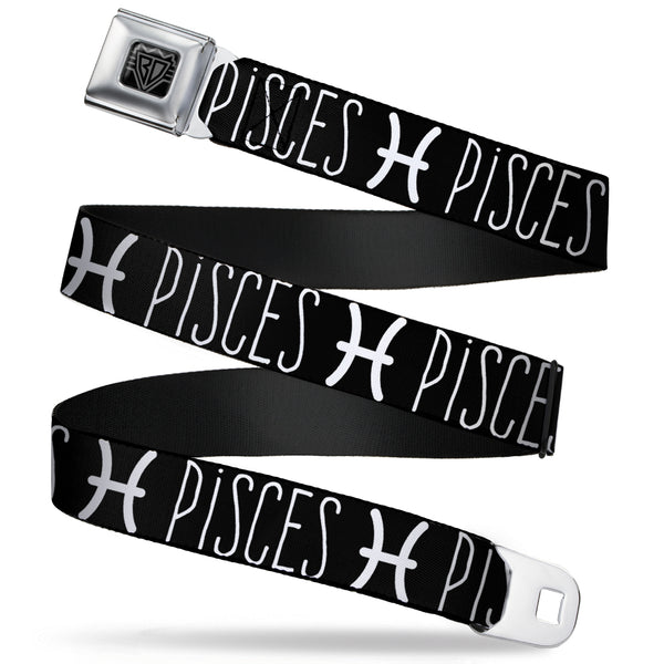 Buckle-Down BD Wings Logo CLOSE-UP Full Color Black Silver Seatbelt Belt - Zodiac PISCES/Symbol Black/White Webbing