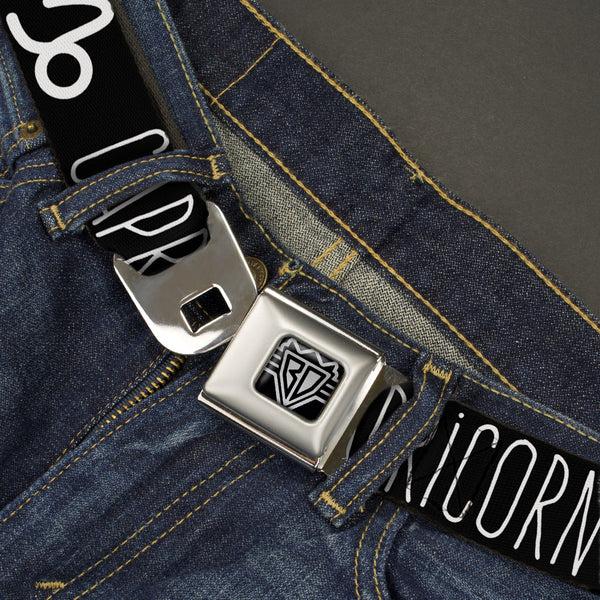 Buckle-Down BD Wings Logo CLOSE-UP Full Color Black Silver Seatbelt Belt - Zodiac CAPRICORN/Symbol Black/White Webbing