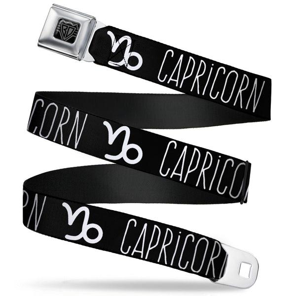 Buckle-Down BD Wings Logo CLOSE-UP Full Color Black Silver Seatbelt Belt - Zodiac CAPRICORN/Symbol Black/White Webbing