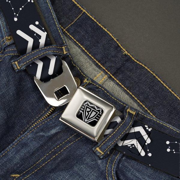 Buckle-Down BD Wings Logo CLOSE-UP Full Color Black Silver Seatbelt Belt - Zodiac Aquarius Symbol/Constellations Black/White Webbing