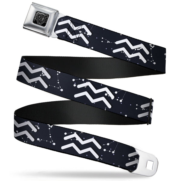 Buckle-Down BD Wings Logo CLOSE-UP Full Color Black Silver Seatbelt Belt - Zodiac Aquarius Symbol/Constellations Black/White Webbing