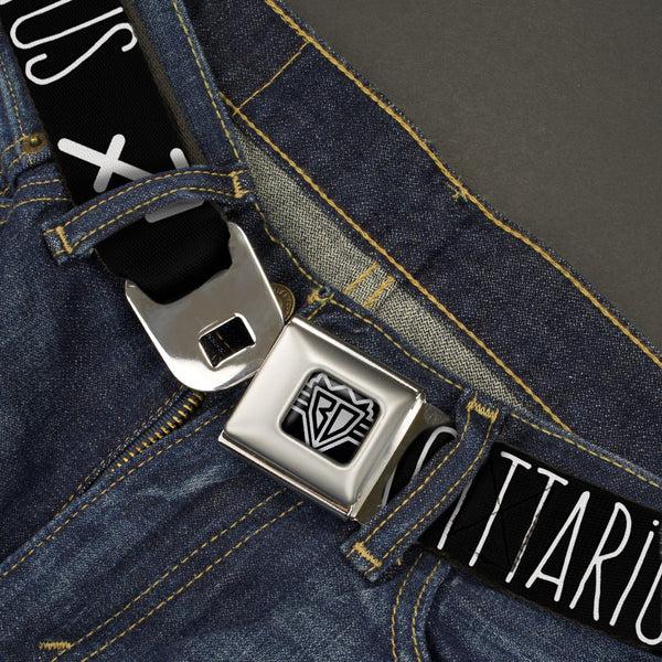 Buckle-Down BD Wings Logo CLOSE-UP Full Color Black Silver Seatbelt Belt - Zodiac SAGITTARIUS/Symbol Black/White Webbing