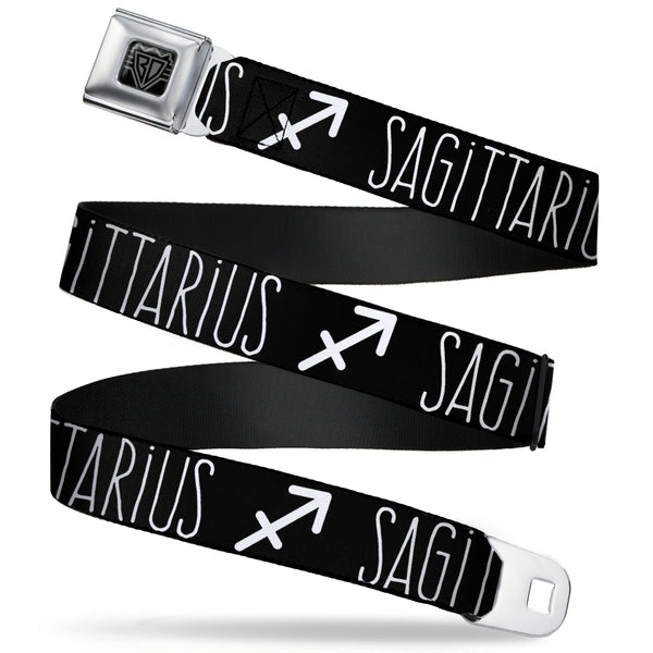 Buckle-Down BD Wings Logo CLOSE-UP Full Color Black Silver Seatbelt Belt - Zodiac SAGITTARIUS/Symbol Black/White Webbing