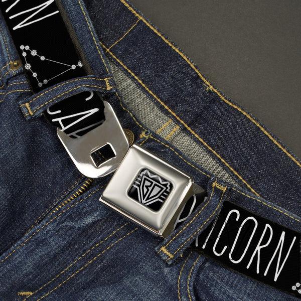 Buckle-Down BD Wings Logo CLOSE-UP Full Color Black Silver Seatbelt Belt - Zodiac CAPRICORN/Constellation Black/White Webbing