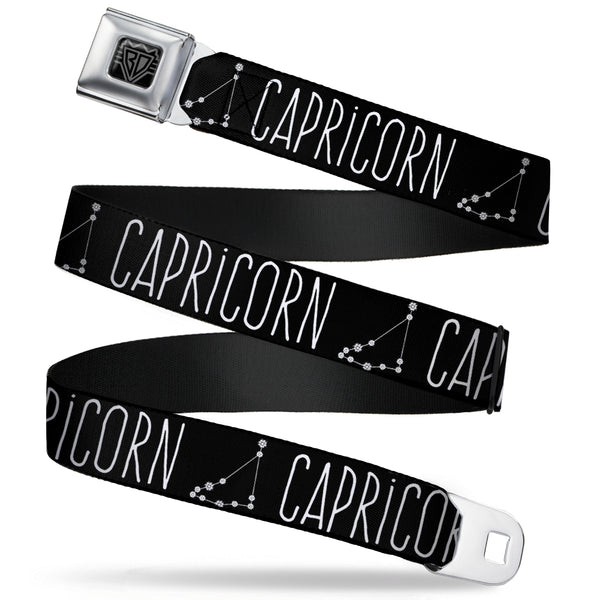 Buckle-Down BD Wings Logo CLOSE-UP Full Color Black Silver Seatbelt Belt - Zodiac CAPRICORN/Constellation Black/White Webbing