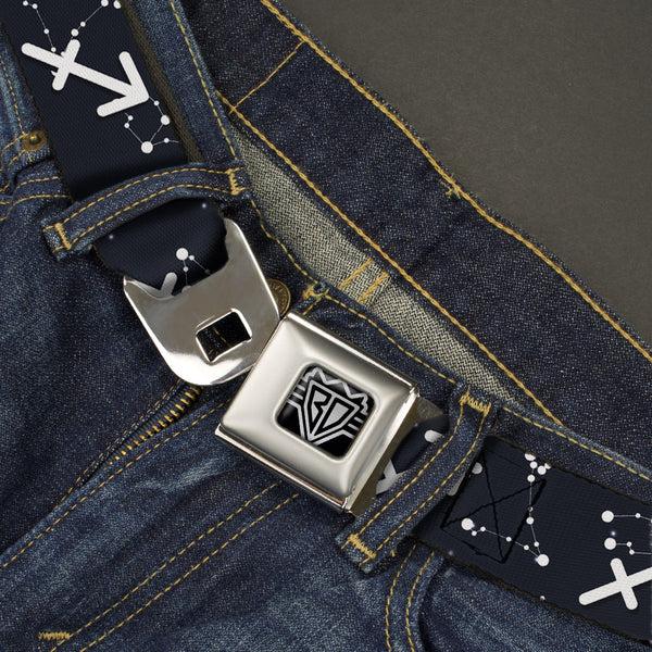 Buckle-Down BD Wings Logo CLOSE-UP Full Color Black Silver Seatbelt Belt - Zodiac Sagittarius Symbol/Constellations Black/White Webbing