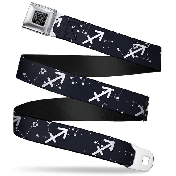 Buckle-Down BD Wings Logo CLOSE-UP Full Color Black Silver Seatbelt Belt - Zodiac Sagittarius Symbol/Constellations Black/White Webbing