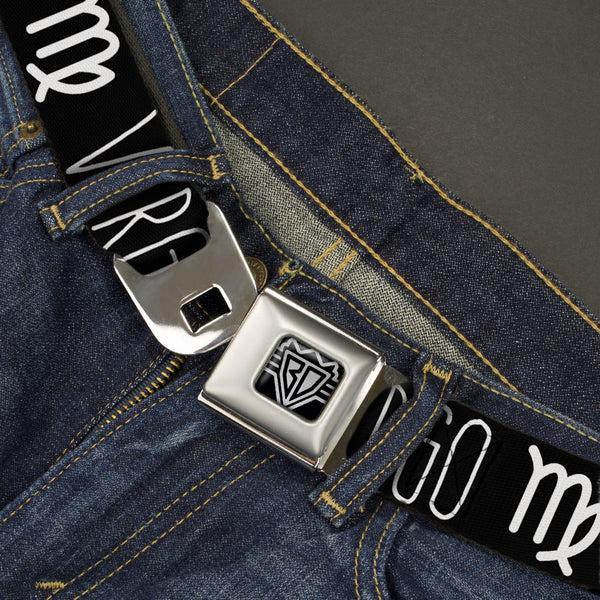Buckle-Down BD Wings Logo CLOSE-UP Full Color Black Silver Seatbelt Belt - Zodiac VIRGO/Symbol Black/White Webbing