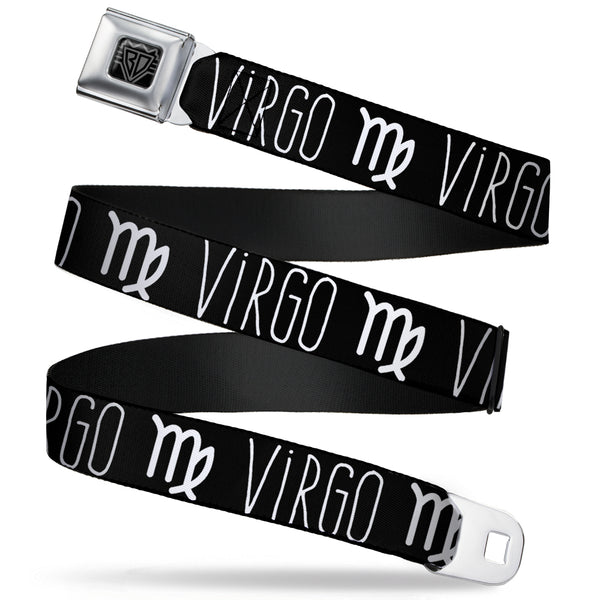 Buckle-Down BD Wings Logo CLOSE-UP Full Color Black Silver Seatbelt Belt - Zodiac VIRGO/Symbol Black/White Webbing
