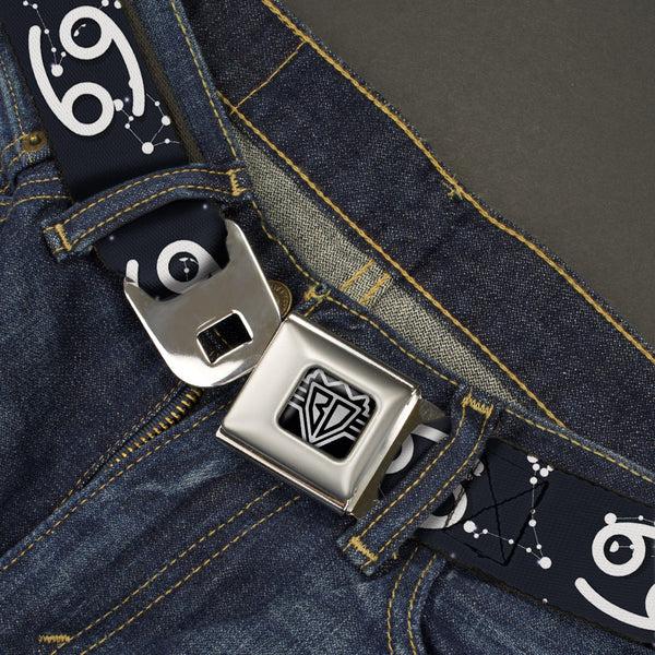 Buckle-Down BD Wings Logo CLOSE-UP Full Color Black Silver Seatbelt Belt - Zodiac Cancer Symbol/Constellations Black/White Webbing