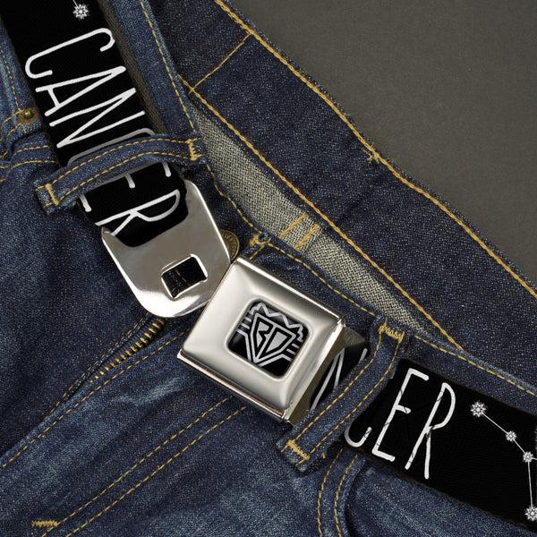 Buckle-Down BD Wings Logo CLOSE-UP Full Color Black Silver Seatbelt Belt - Zodiac CANCER/Constellation Black/White Webbing