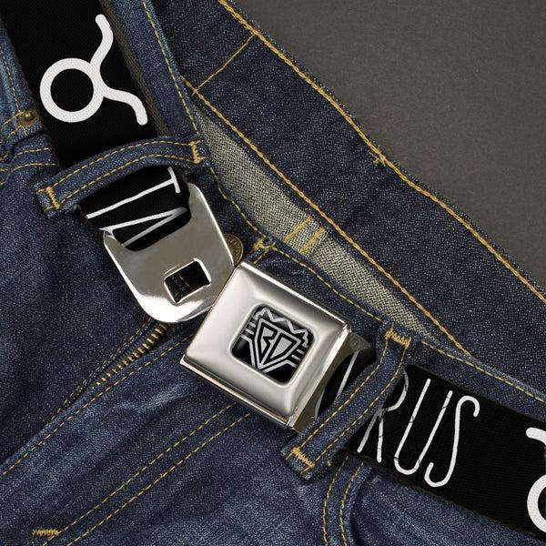 Buckle-Down BD Wings Logo CLOSE-UP Full Color Black Silver Seatbelt Belt - Zodiac TAURUS/Symbol Black/White Webbing