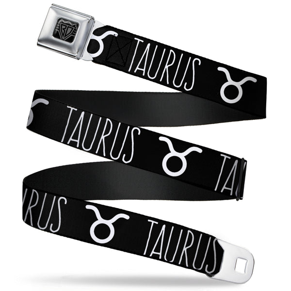 Buckle-Down BD Wings Logo CLOSE-UP Full Color Black Silver Seatbelt Belt - Zodiac TAURUS/Symbol Black/White Webbing