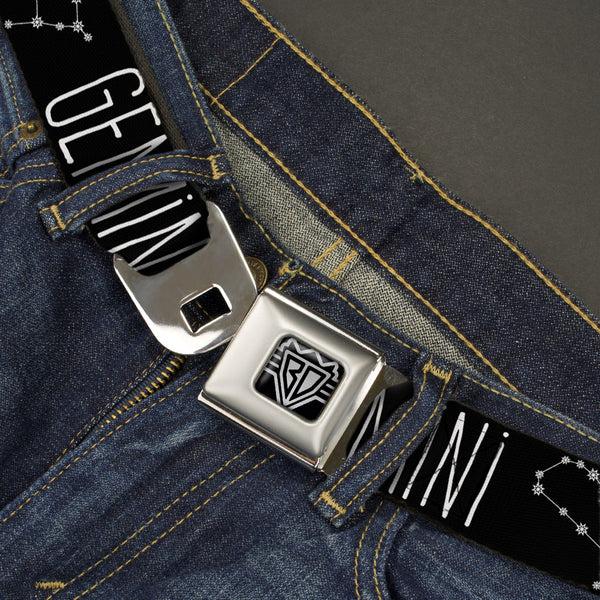 Buckle-Down BD Wings Logo CLOSE-UP Full Color Black Silver Seatbelt Belt - Zodiac GEMINI/Constellation Black/White Webbing