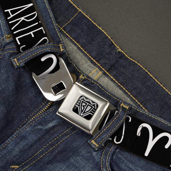 Buckle-Down BD Wings Logo CLOSE-UP Full Color Black Silver Seatbelt Belt - Zodiac ARIES/Symbol Black/White Webbing