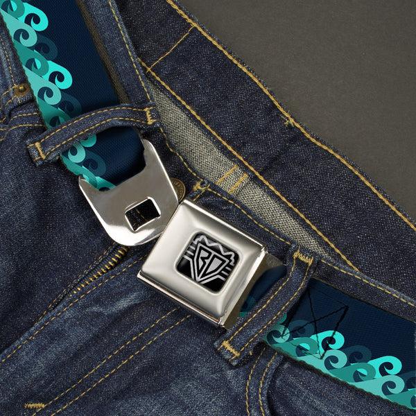 Buckle-Down BD Wings Logo CLOSE-UP Full Color Black Silver Seatbelt Belt - Waves Navy/Blue Shades Webbing