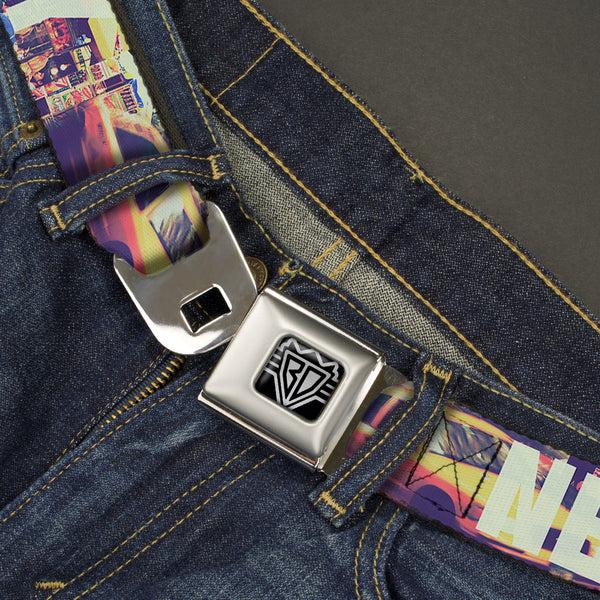 Buckle-Down BD Wings Logo CLOSE-UP Full Color Black Silver Seatbelt Belt - Vivid NEW YORK CITY Street Scenes Webbing