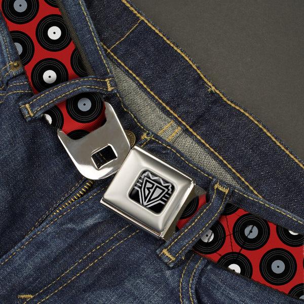 Buckle-Down BD Wings Logo CLOSE-UP Full Color Black Silver Seatbelt Belt - Vinyl Records Red/Black/Gray/White Webbing