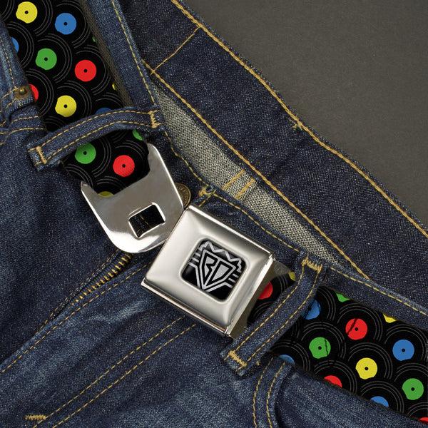 Buckle-Down BD Wings Logo CLOSE-UP Full Color Black Silver Seatbelt Belt - Vinyl Records Stacked Black/Gray/Multi Color Webbing