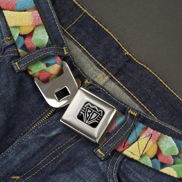 Buckle-Down BD Wings Logo CLOSE-UP Full Color Black Silver Seatbelt Belt - Vivid Sour Worms Stacked Webbing