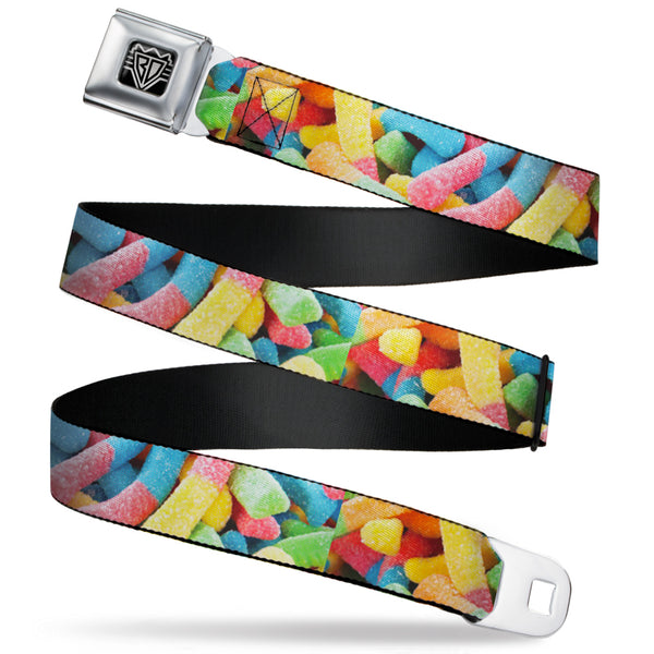 Buckle-Down BD Wings Logo CLOSE-UP Full Color Black Silver Seatbelt Belt - Vivid Sour Worms Stacked Webbing