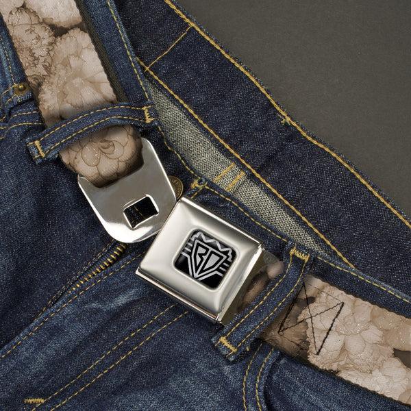 Buckle-Down BD Wings Logo CLOSE-UP Full Color Black Silver Seatbelt Belt - Vivid Floral Collage2 Sepia Webbing