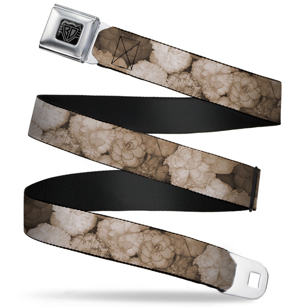 Buckle-Down BD Wings Logo CLOSE-UP Full Color Black Silver Seatbelt Belt - Vivid Floral Collage2 Sepia Webbing