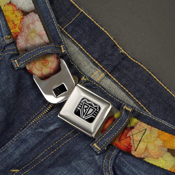 Buckle-Down BD Wings Logo CLOSE-UP Full Color Black Silver Seatbelt Belt - Vivid Floral Collage2 Yellows/Pinks/Oranges Webbing