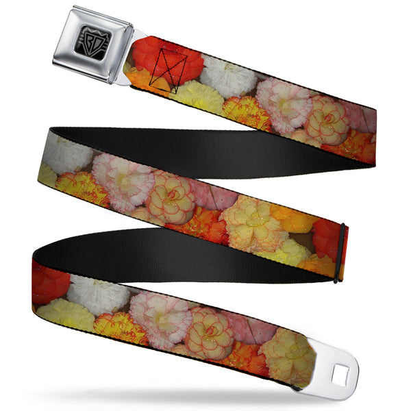 Buckle-Down BD Wings Logo CLOSE-UP Full Color Black Silver Seatbelt Belt - Vivid Floral Collage2 Yellows/Pinks/Oranges Webbing